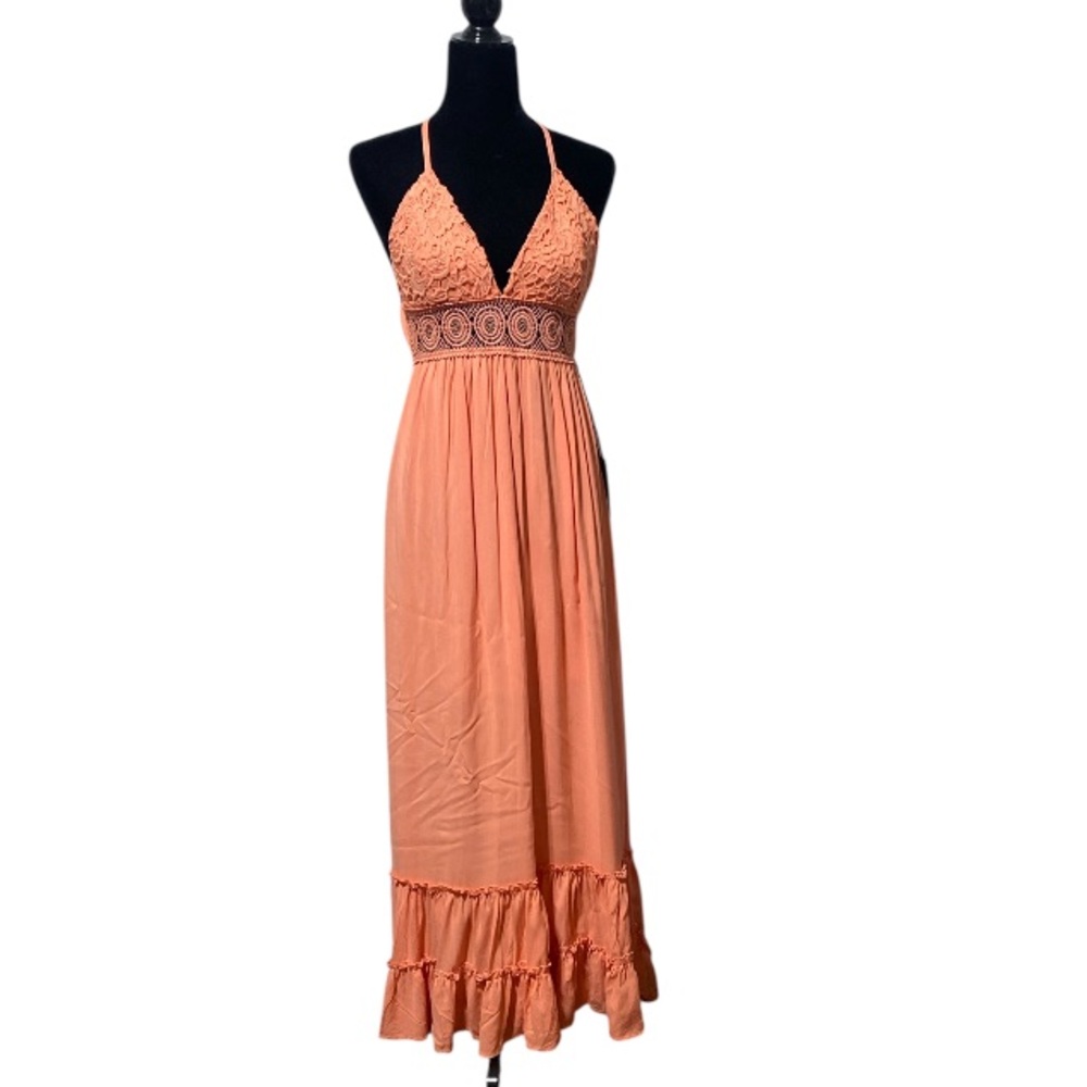 Elegant Coral Lace Maxi Dress